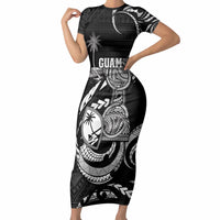 Personalised Guam Liberation Day Short Sleeve Bodycon Dress Black White Latte Stone Tribal Patterns DT05 Long Dress Black - Polynesian Pride