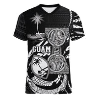 Personalised Guam Liberation Day Women V-Neck T-Shirt Black White Latte Stone Tribal Patterns