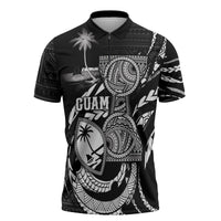 Personalised Guam Liberation Day Zipper Polo Shirt Black White Latte Stone Tribal Patterns DT05 Black - Polynesian Pride