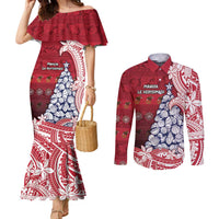 American Samoa Christmas Couples Matching Mermaid Dress and Long Sleeve Button Shirt Seashell Xmas Tree Tribal Waves - Polynesian Pride