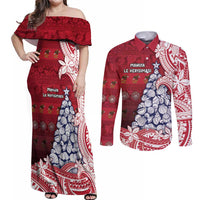 American Samoa Christmas Couples Matching Off Shoulder Maxi Dress and Long Sleeve Button Shirt Seashell Xmas Tree Tribal Waves - Polynesian Pride