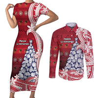 American Samoa Christmas Couples Matching Short Sleeve Bodycon Dress and Long Sleeve Button Shirt Seashell Xmas Tree Tribal Waves - Polynesian Pride