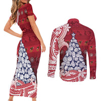 American Samoa Christmas Couples Matching Short Sleeve Bodycon Dress and Long Sleeve Button Shirt Seashell Xmas Tree Tribal Waves - Polynesian Pride