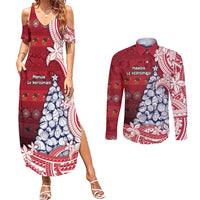 American Samoa Christmas Couples Matching Summer Maxi Dress and Long Sleeve Button Shirt Seashell Xmas Tree Tribal Waves - Polynesian Pride