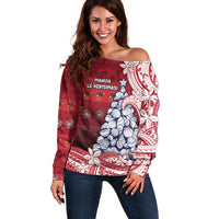 American Samoa Christmas Off Shoulder Sweater Seashell Xmas Tree Tribal Waves - Polynesian Pride