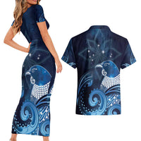 New Zealand Matariki Couples Matching Short Sleeve Bodycon Dress and Hawaiian Shirt Maori Tui Bird Blue Galaxy