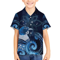 New Zealand Matariki Family Matching Off The Shoulder Long Sleeve Dress and Hawaiian Shirt Maori Tui Bird Blue Galaxy