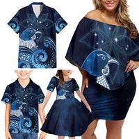 New Zealand Matariki Family Matching Off Shoulder Short Dress and Hawaiian Shirt Maori Tui Bird Blue Galaxy