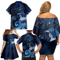 New Zealand Matariki Family Matching Off Shoulder Short Dress and Hawaiian Shirt Maori Tui Bird Blue Galaxy