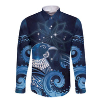 New Zealand Matariki Long Sleeve Button Shirt Maori Tui Bird Blue Galaxy