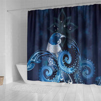 New Zealand Matariki Shower Curtain Maori Tui Bird Blue Galaxy