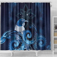 New Zealand Matariki Shower Curtain Maori Tui Bird Blue Galaxy