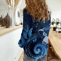 New Zealand Matariki Women Casual Shirt Maori Tui Bird Blue Galaxy