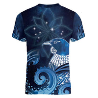 New Zealand Matariki Women V-Neck T-Shirt Maori Tui Bird Blue Galaxy