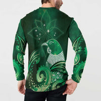 New Zealand Matariki Button Sweatshirt Maori Tui Bird Green Galaxy