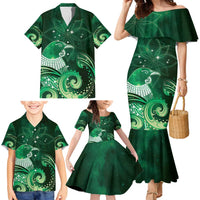 New Zealand Matariki Family Matching Mermaid Dress and Hawaiian Shirt Maori Tui Bird Green Galaxy