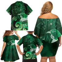 New Zealand Matariki Family Matching Off Shoulder Short Dress and Hawaiian Shirt Maori Tui Bird Green Galaxy