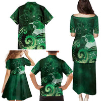 New Zealand Matariki Family Matching Puletasi and Hawaiian Shirt Maori Tui Bird Green Galaxy