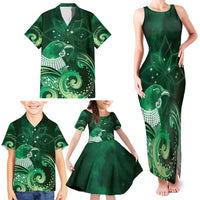 New Zealand Matariki Family Matching Tank Maxi Dress and Hawaiian Shirt Maori Tui Bird Green Galaxy