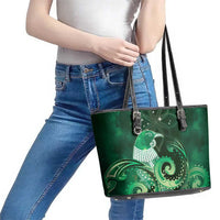 New Zealand Matariki Leather Tote Bag Maori Tui Bird Green Galaxy