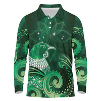 New Zealand Matariki Long Sleeve Polo Shirt Maori Tui Bird Green Galaxy