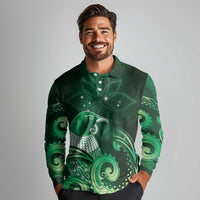 New Zealand Matariki Long Sleeve Polo Shirt Maori Tui Bird Green Galaxy