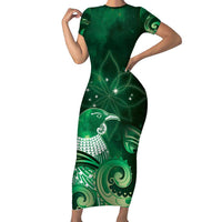 New Zealand Matariki Short Sleeve Bodycon Dress Maori Tui Bird Green Galaxy