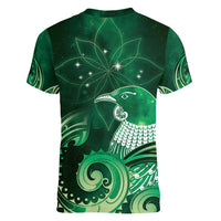 New Zealand Matariki Women V-Neck T-Shirt Maori Tui Bird Green Galaxy