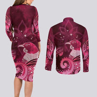 New Zealand Matariki Couples Matching Long Sleeve Bodycon Dress and Long Sleeve Button Shirt Maori Tui Bird Magenta Galaxy