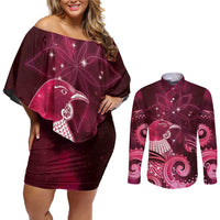 New Zealand Matariki Couples Matching Off Shoulder Short Dress and Long Sleeve Button Shirt Maori Tui Bird Magenta Galaxy