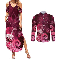 New Zealand Matariki Couples Matching Summer Maxi Dress and Long Sleeve Button Shirt Maori Tui Bird Magenta Galaxy