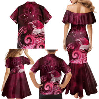 New Zealand Matariki Family Matching Mermaid Dress and Hawaiian Shirt Maori Tui Bird Magenta Galaxy