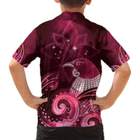 New Zealand Matariki Family Matching Off Shoulder Short Dress and Hawaiian Shirt Maori Tui Bird Magenta Galaxy