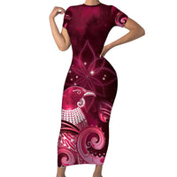 New Zealand Matariki Family Matching Short Sleeve Bodycon Dress and Hawaiian Shirt Maori Tui Bird Magenta Galaxy