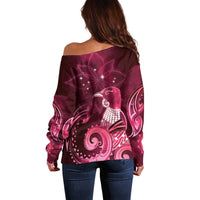 New Zealand Matariki Off Shoulder Sweater Maori Tui Bird Magenta Galaxy