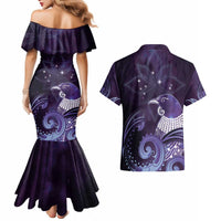 New Zealand Matariki Couples Matching Mermaid Dress and Hawaiian Shirt Maori Tui Bird Purple Galaxy