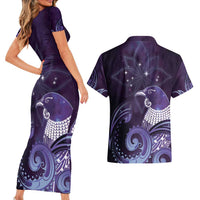 New Zealand Matariki Couples Matching Short Sleeve Bodycon Dress and Hawaiian Shirt Maori Tui Bird Purple Galaxy