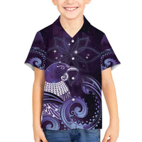 New Zealand Matariki Family Matching Long Sleeve Bodycon Dress and Hawaiian Shirt Maori Tui Bird Purple Galaxy