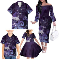 New Zealand Matariki Family Matching Off The Shoulder Long Sleeve Dress and Hawaiian Shirt Maori Tui Bird Purple Galaxy