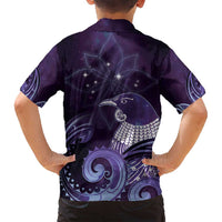 New Zealand Matariki Family Matching Puletasi and Hawaiian Shirt Maori Tui Bird Purple Galaxy