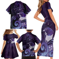 New Zealand Matariki Family Matching Short Sleeve Bodycon Dress and Hawaiian Shirt Maori Tui Bird Purple Galaxy
