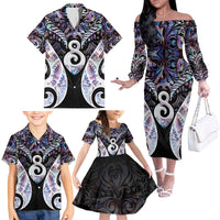 New Zealand Aotearoa Family Matching Off The Shoulder Long Sleeve Dress and Hawaiian Shirt Pikorua Single Twist Pink Paua Shell