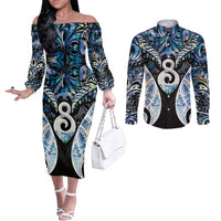 New Zealand Aotearoa Couples Matching Off The Shoulder Long Sleeve Dress and Long Sleeve Button Shirt Pikorua Single Twist Green Paua Shell