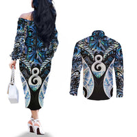 New Zealand Aotearoa Couples Matching Off The Shoulder Long Sleeve Dress and Long Sleeve Button Shirt Pikorua Single Twist Green Paua Shell