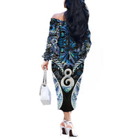 New Zealand Aotearoa Off The Shoulder Long Sleeve Dress Pikorua Single Twist Green Paua Shell