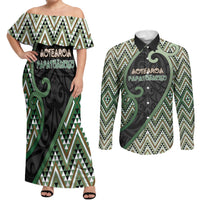 Custom Aotearoa Atua Papatuanuku Couples Matching Off Shoulder Maxi Dress and Long Sleeve Button Shirt Earth Mother Father Koru Patterns
