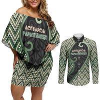 Custom Aotearoa Atua Papatuanuku Couples Matching Off Shoulder Short Dress and Long Sleeve Button Shirt Earth Mother Father Koru Patterns
