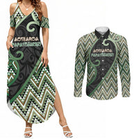 Custom Aotearoa Atua Papatuanuku Couples Matching Summer Maxi Dress and Long Sleeve Button Shirt Earth Mother Father Koru Patterns