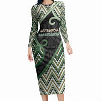 Custom Aotearoa Atua Papatuanuku Long Sleeve Bodycon Dress Earth Mother Father Koru Patterns