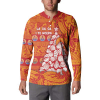 French Polynesia Christmas Button Sweatshirt Seashell Xmas Tree Tribal Waves - Polynesian Pride